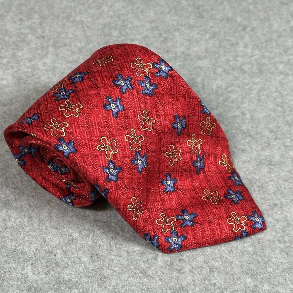 Louis Dell'Olio Silk Tie Red Blue Floral Italy Classic Wide Necktie 60x3.75in